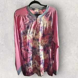 LuLaRoe Mark Henley Shirt Long Sleeve Size 2XL Pink, Purple, White Tie Dye NWT